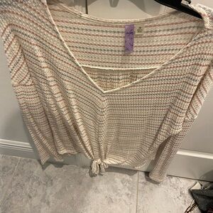 Striped V-Neck Knit Top with Tie Front